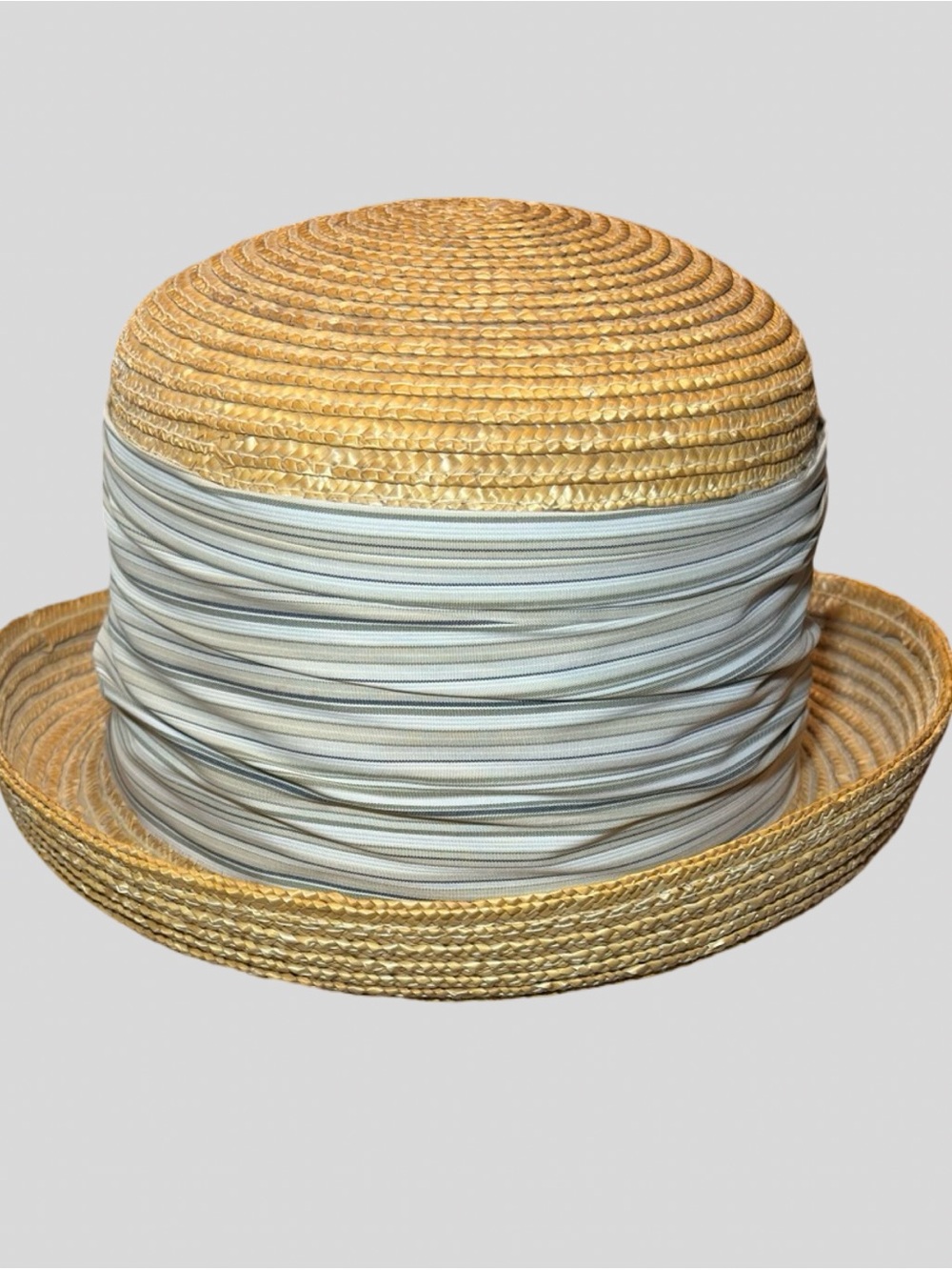 Betmar New York Vintage Straw Cloche Bowler Hat Striped Ban - Picture 4 of 16